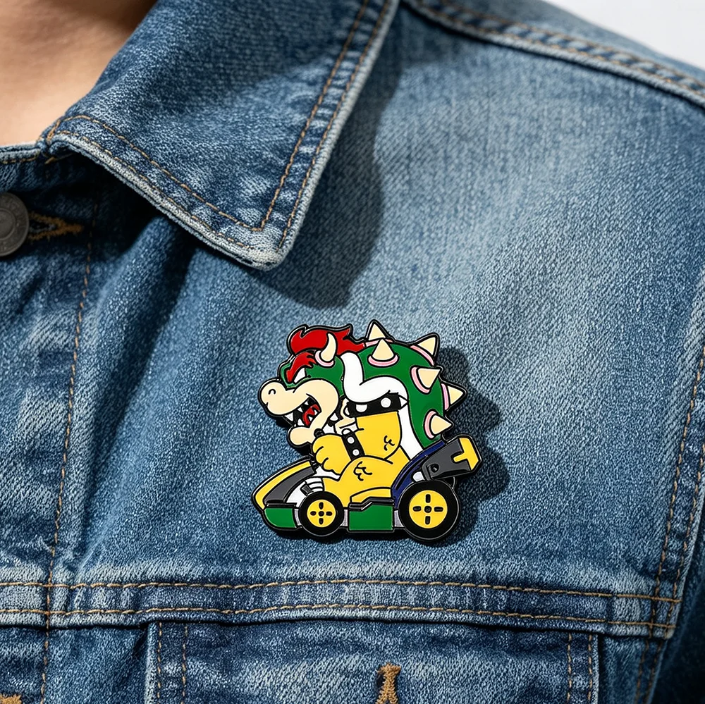 Cartoon Dinosaur Bowser Racing Kart Enamel Brooch Classic Game Character Metal Lapel Pin nique Collectible Gift for Fans