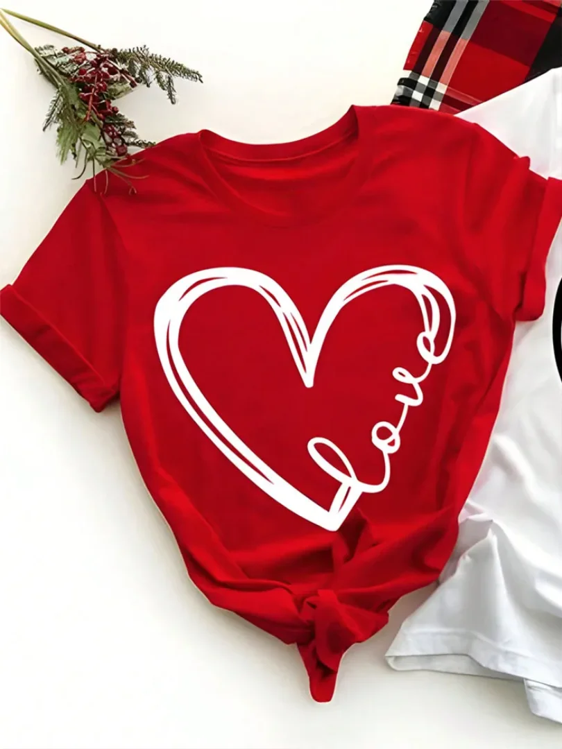 

NUOMICI Love Print Red Round Neck Loose Short-sleeved T-shirt For Men Women For Parent-child outfit|Couple Outfit|For Party Date