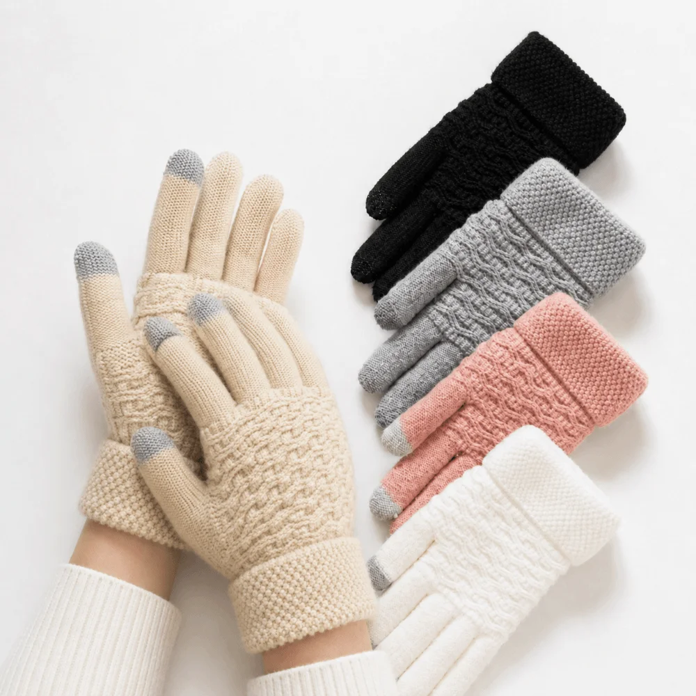 Double Layer Knitted Gloves Thickened Lamb Velvet Lining Driving Gloves Lamb Velvet Touch Screen Cold Proof Mittens