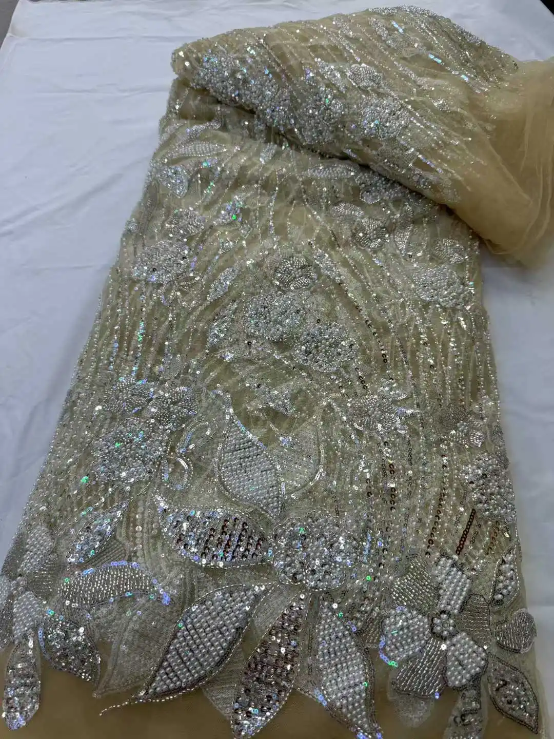African Lace Fabric Flower Embroidery Sequins Beaded Mesh Lace 2025 Hot Sale For Wedding Dress And Clothing Fabric