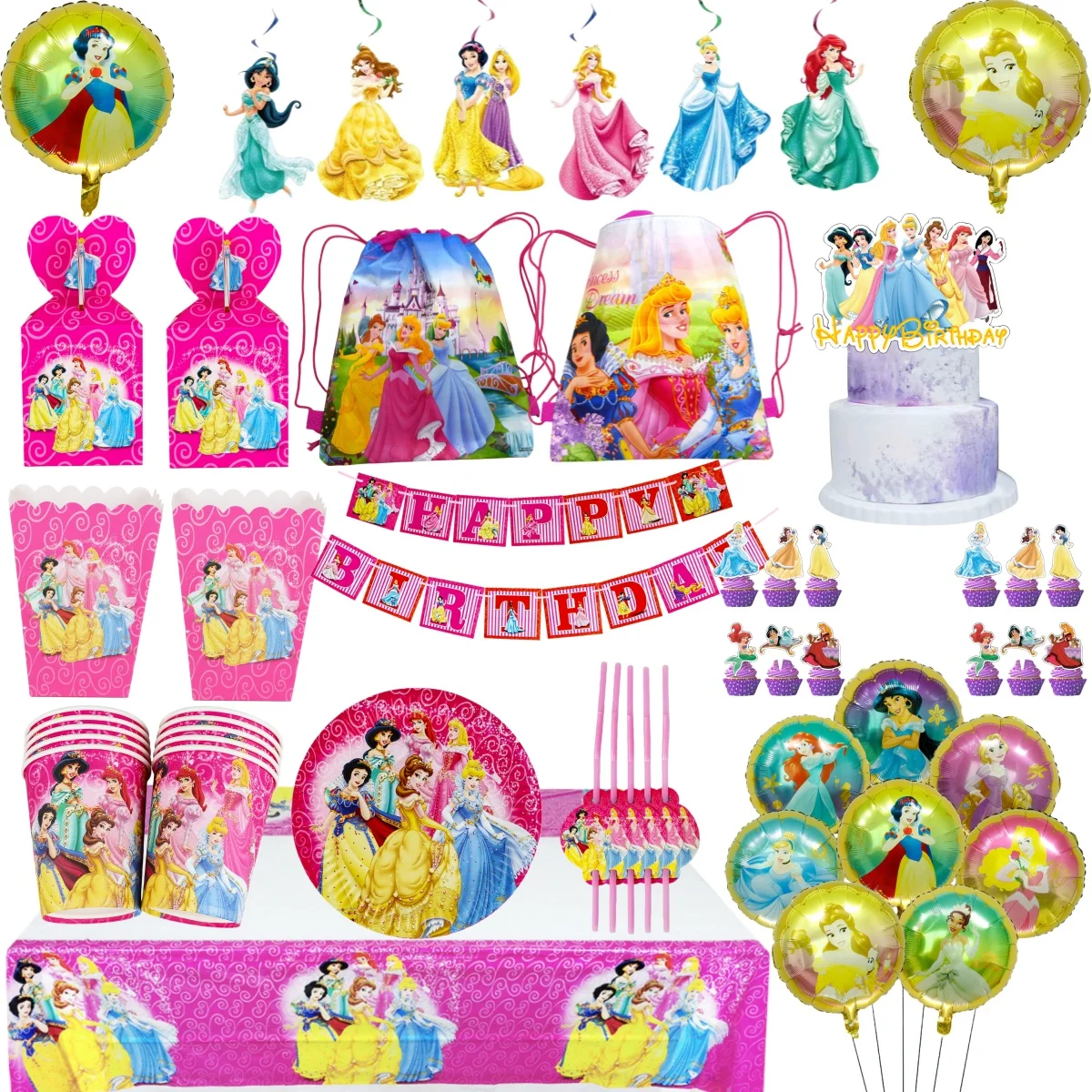 

Ariel Belle Disney Princess Birthday Party Supplies Tablecloth Hat Banner Backdrop Horn MaskParty Balloon Decoration Baby Shower