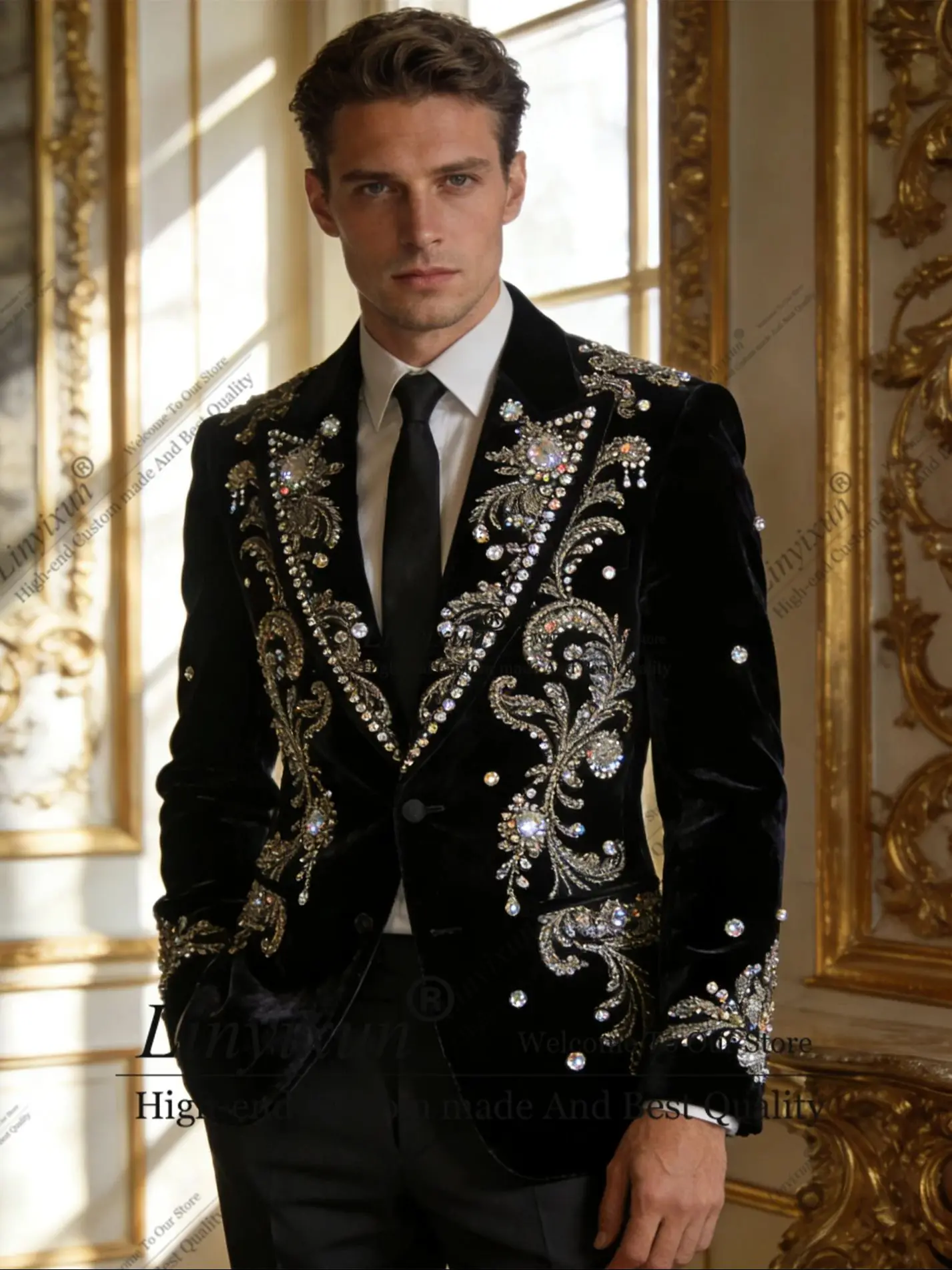 

Элегантный мужской костюм с вышивкой стразами, 2 предмета, мужской пиджак для выпускного, индивидуальный пошив, с бриллиантами, Ropa hombre, приталенный, для жениха, свадебный смокинг
