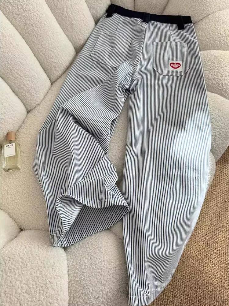 

Cleanfit синие повседневные брюки в вертикальную полоску, мужские осенние удобные брюки в американском стиле с вышивкой в виде сердца, прямые брюки