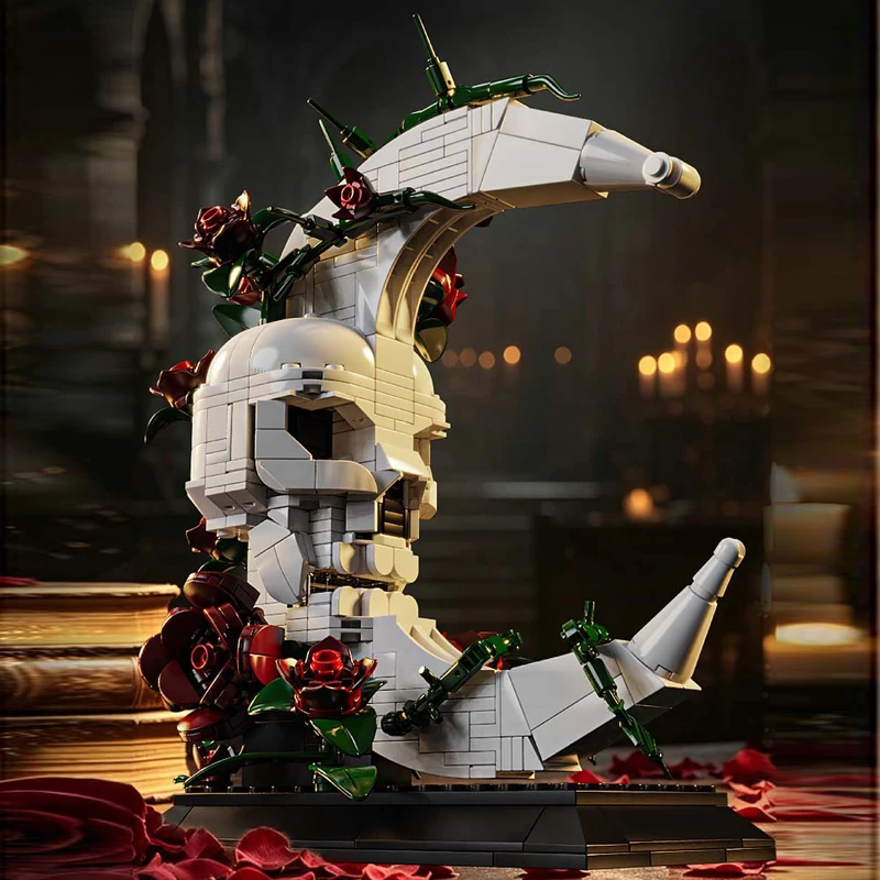Skull Moon Rose Building blocks Skeleton Gothic style high difficulty Assembly model Creative Ornament Dark style Gift