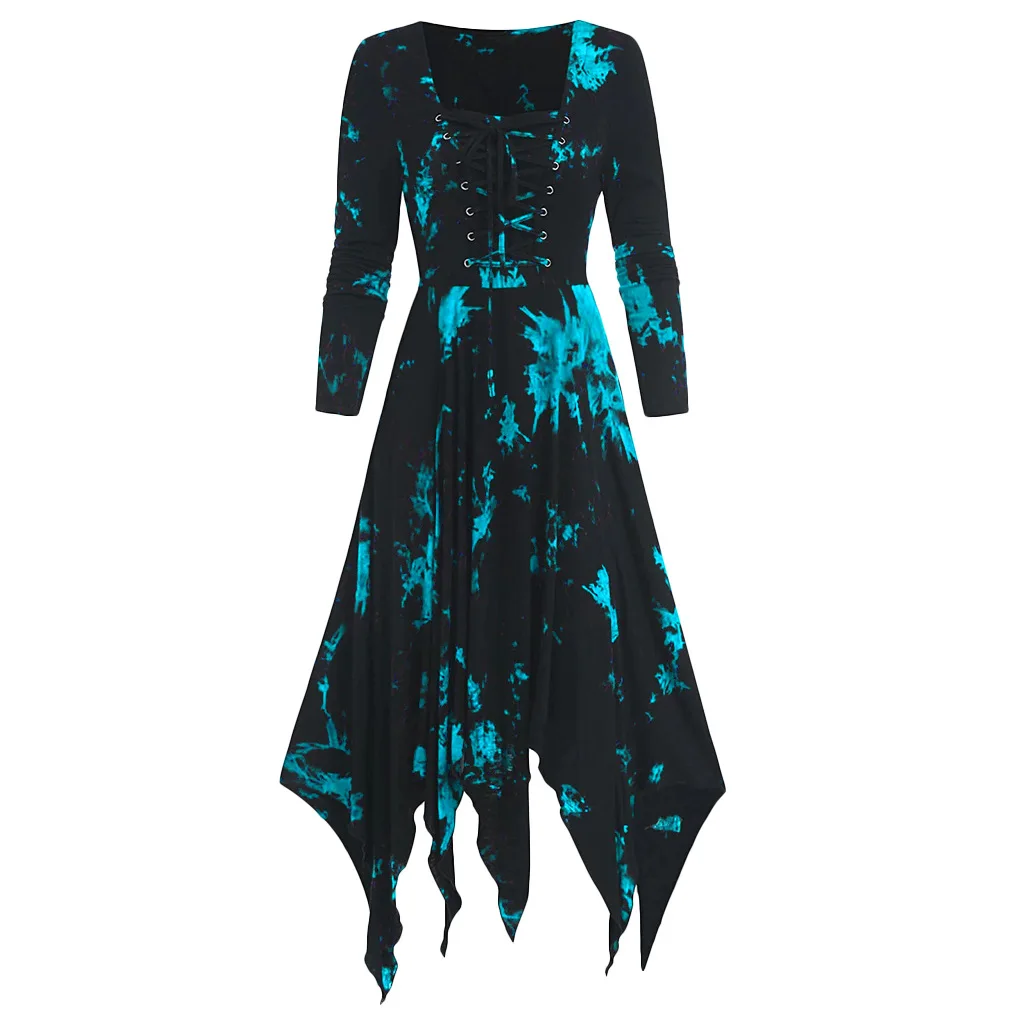 Tie Dye Gothic Tassel Dress Vintage Print Goth Long Sleeve Maxi Skirt Irregular Women Clothes Punk Streetwear Halloween Costume