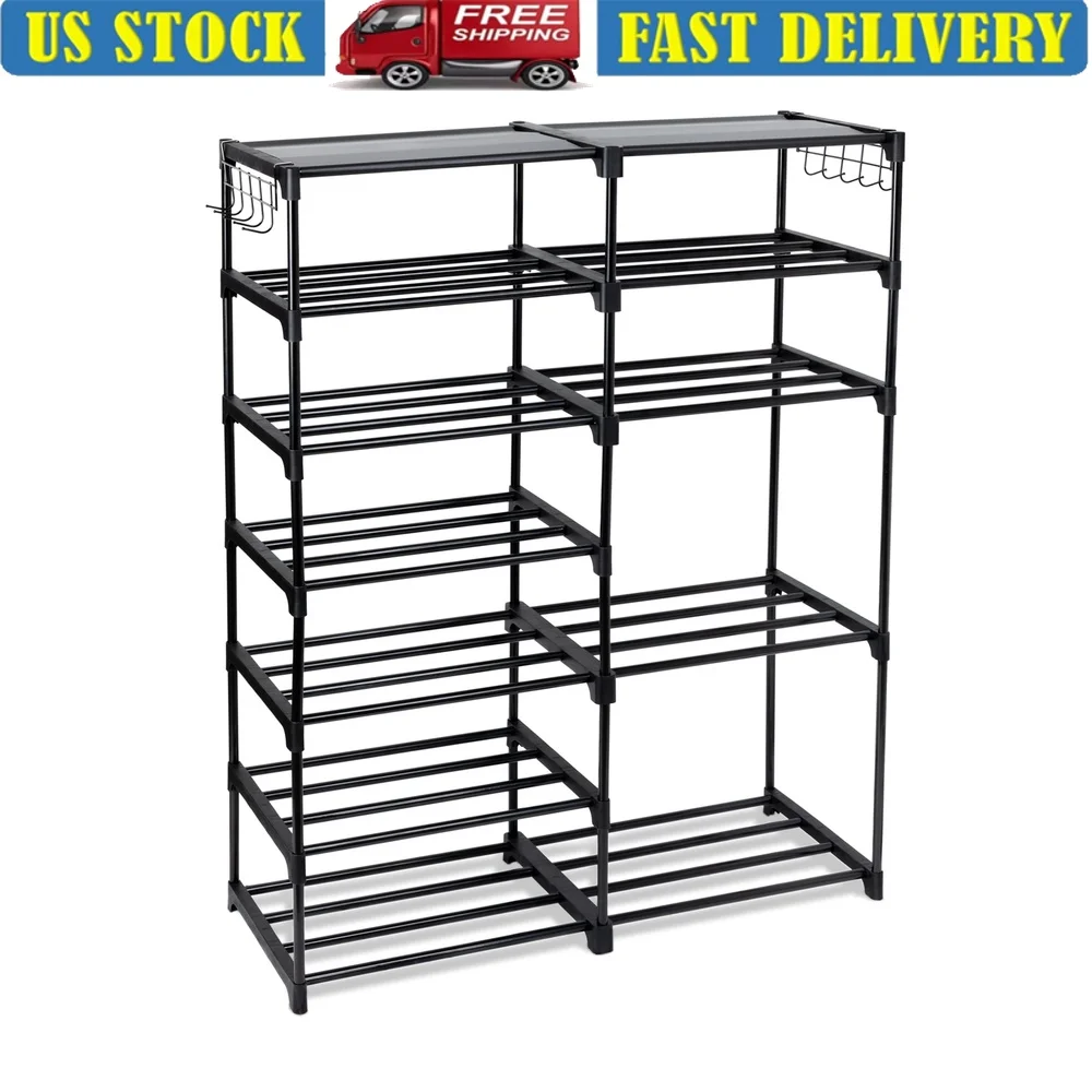 

7-Tier Shoe Rack Storage Organizer Holds 21 Pairs Adjustable Shelves Accessory Hooks Modern Design Space-Saving Solution Home