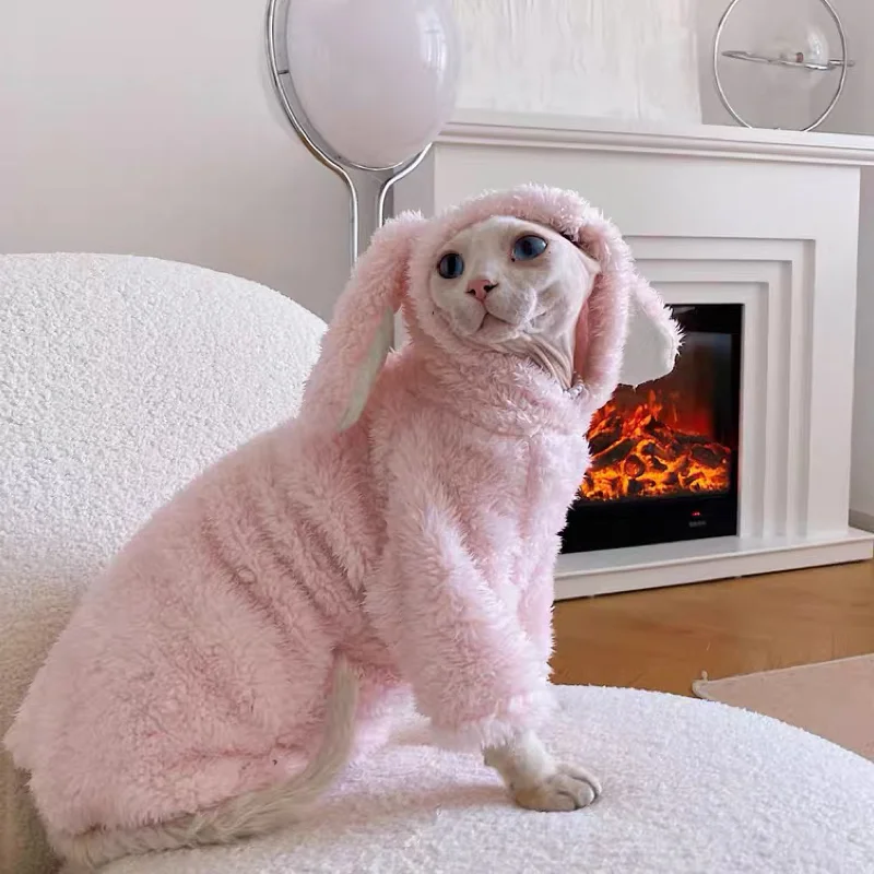 Winter Sphynx Hairless Cat Clothes Sphinx Devon Cute Pink Rabbit Thickening Soft Cotton Flannel for Sphynx Cat Devon Rex