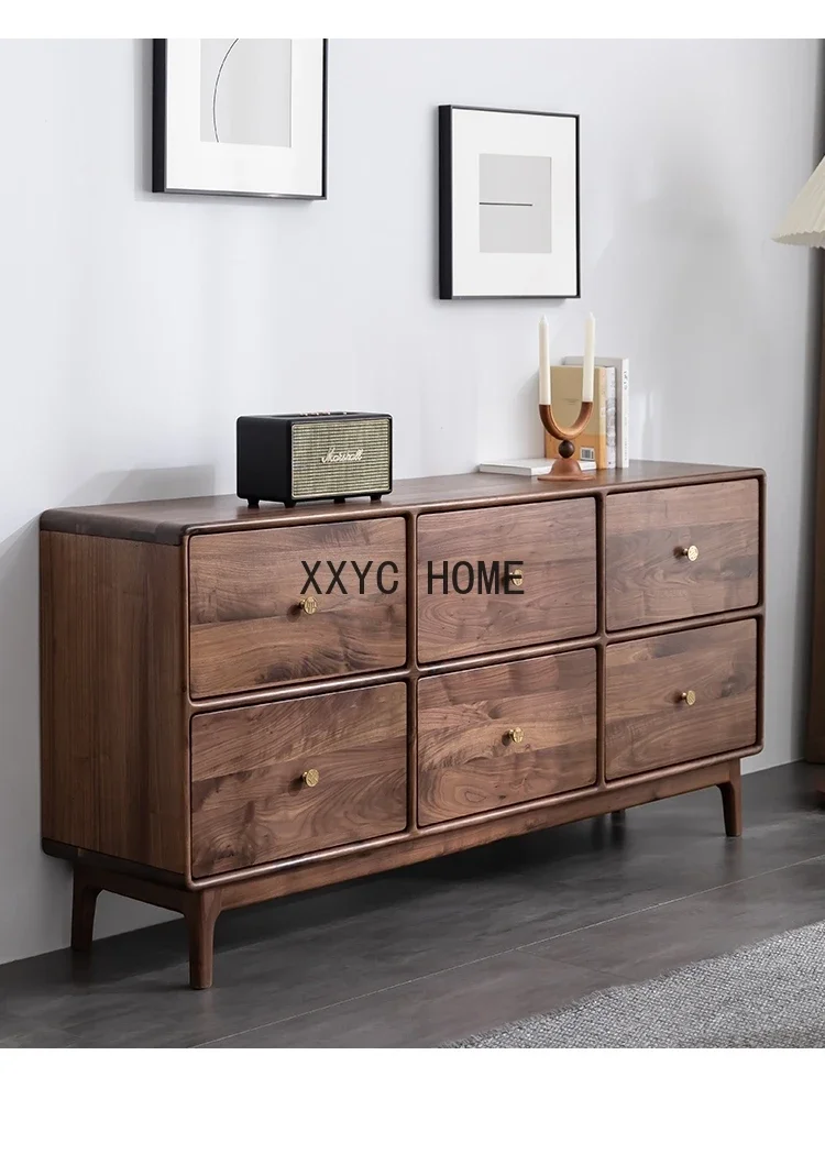 Cómoda de seis cajones de nogal negro de América del Norte, gabinete de almacenamiento de madera maciza, aparador de pared de salón y pasillo