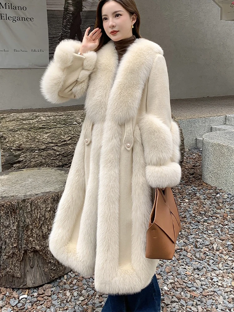 

Women Winter Natural Real Fox Fur Collar Warm Woolen Goose Down Jacket Female Autumn Blue Real Woolen Long Jacket Coat