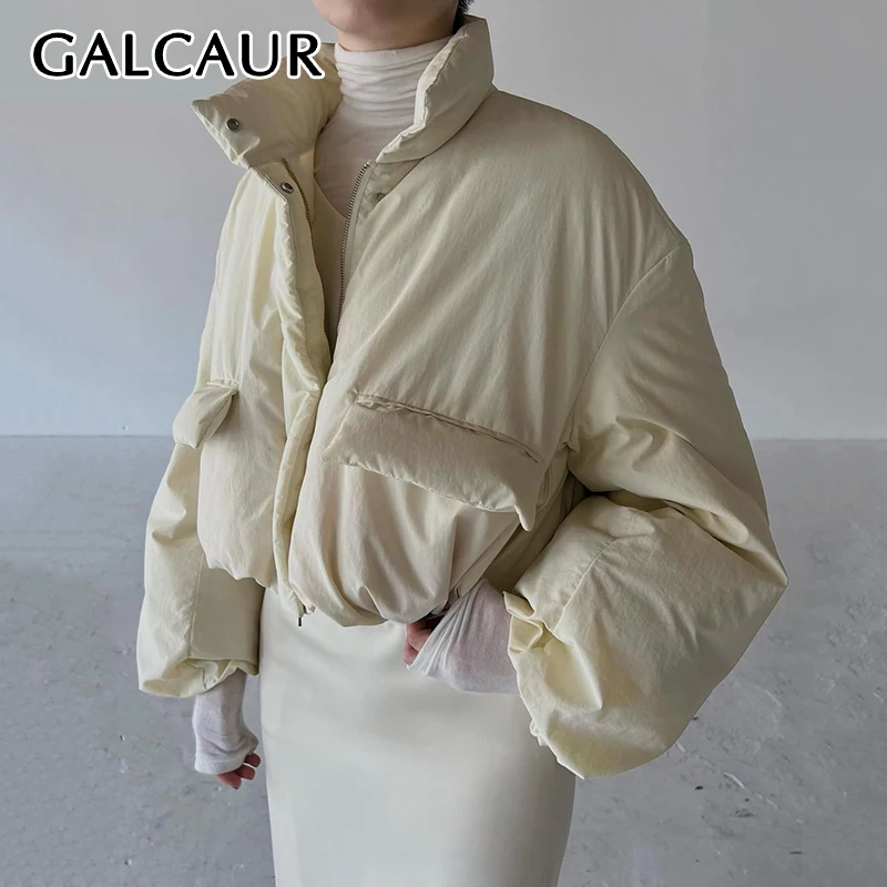 

GALCAUR Solid Minimlism Down Coat For Women Stand Colalr Lantern Sleeve Casual Short Jackets Female Female Winter Clothing New