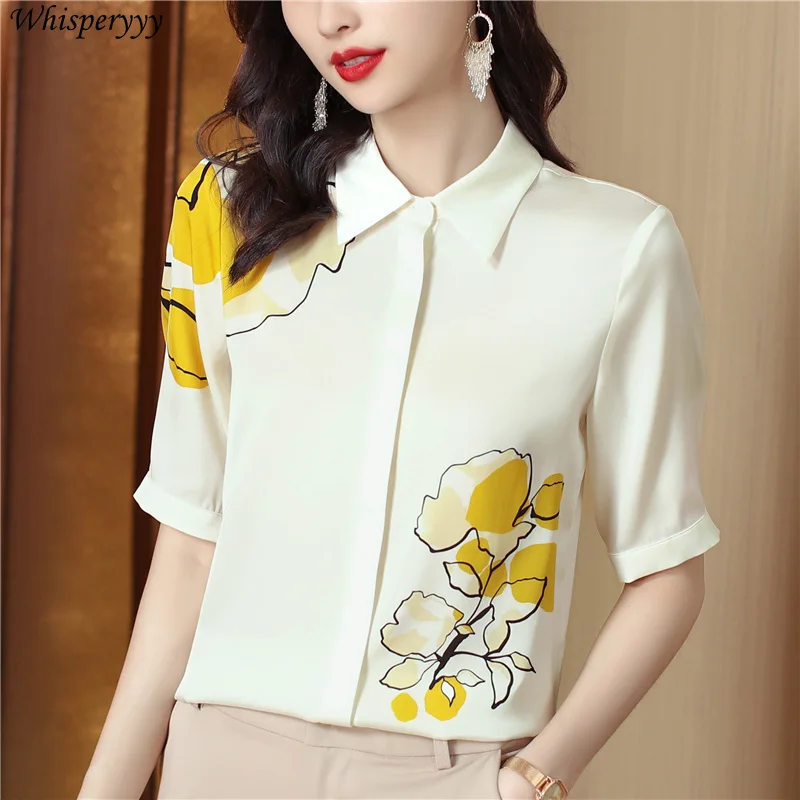 Blouse for Ladies Summer Short Sleeve Color Contrast Printed Fashion Turn-down Collar Tops Female Single-breasted Shirt Women