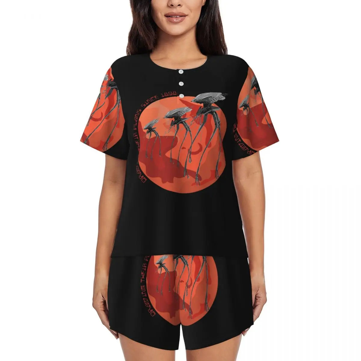 

War Of The Worlds Drawing Their Plans Since 1898 Round Neck Short Sleeves Nightdress for Sleeping Women Pajama Set Short Pants