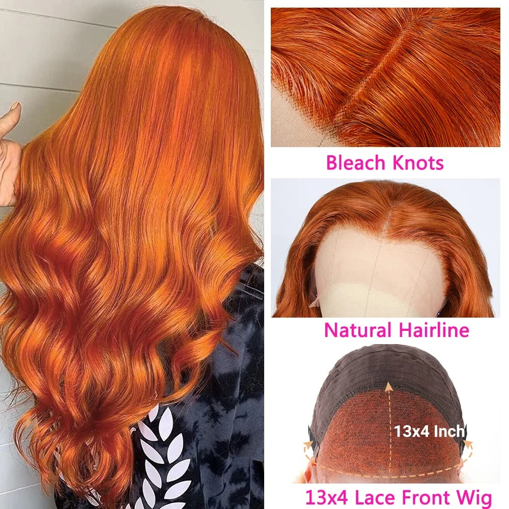 13x4 13x6 Body Wave Orange Ginger Lace Front Human Hair Wigs For Women Ginger Color Transparent Lace Frontal Wig Brazilian Hair