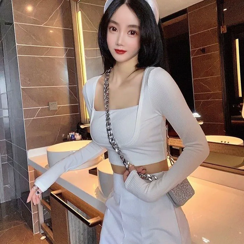 Lucyever Square Collar Crop top donna estate sottile Sexy Slim Fit maglione lavorato a maglia femminile coreano nero bianco Bottoming maglieria