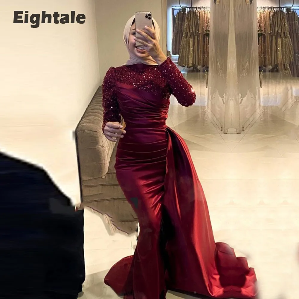 Eightale Arabic Evening Dresses Sparkly Long Sleeves Satin Burgundy Muslim Mermaid Prom Party Gowns karakou robe soirée