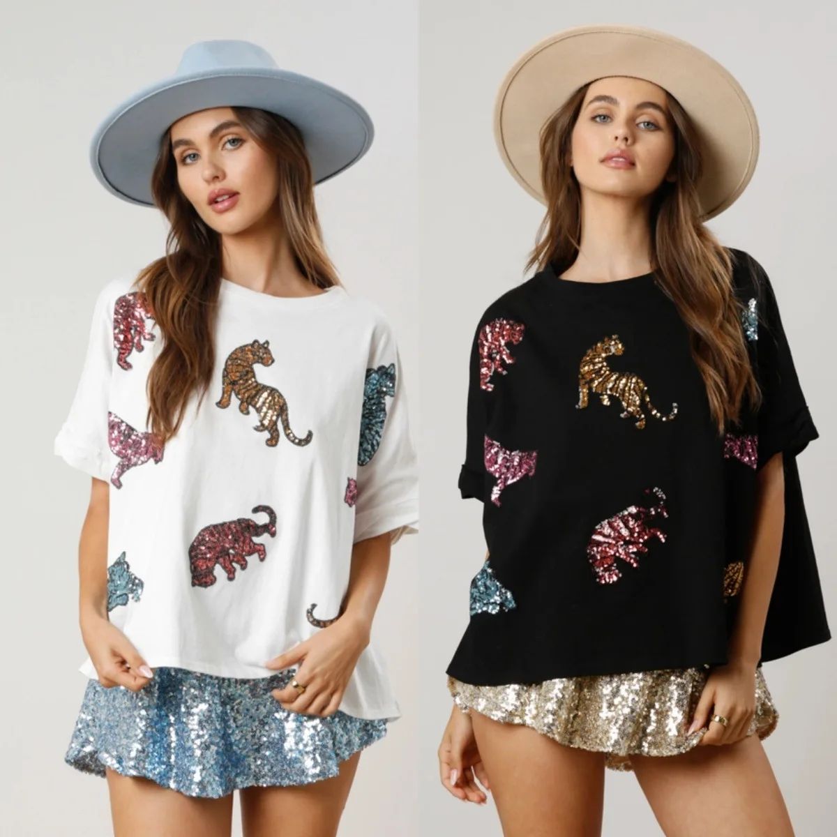

Women's Casual Loose Tirt Cross Border Tiger Sequin round Ne ort Sve Polyester Fabric Animal Pattern Bright Tead