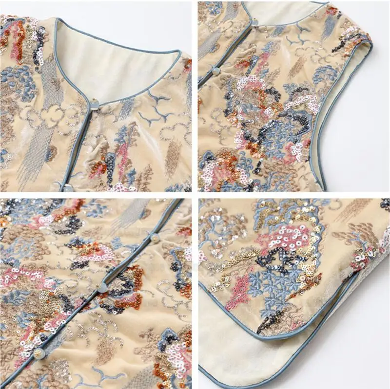 Ropa Estilo Tang Chino, Top Qipao de Lujo con Bordado de Lentejuelas, Chaleco sin Mangas, Chaqueta Hanfu Elegante para Mujer, Abrigo Chesongam Mejorado