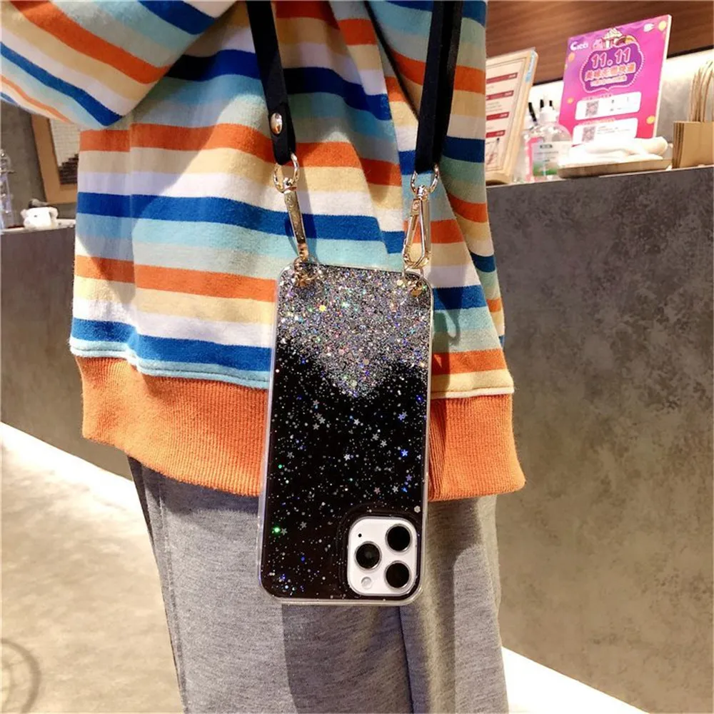 Note 13 4G Crossbody Lanyard Glitter Clear Case For Xiaomi Redmi Note 13 12 Pro Plus 11S 10S 9S 11 9 8 Pro 8T Cord Silicon Cover