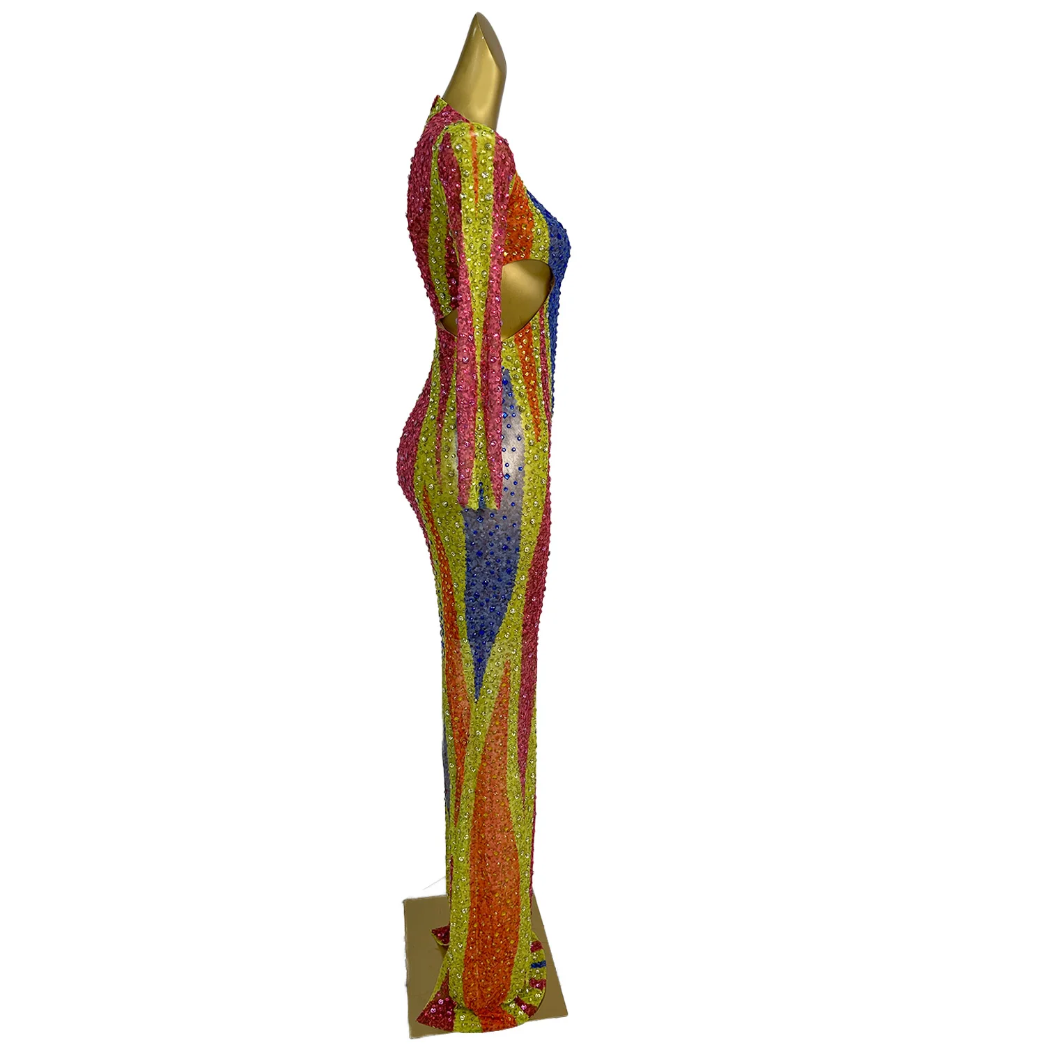 섹시한 컬러 라인스톤 생일 파티 이브닝 연회 롱 드레스 여성용 컷아웃 프롬 가운 플로어 기장 디너 파티 드레스 클럽웨어