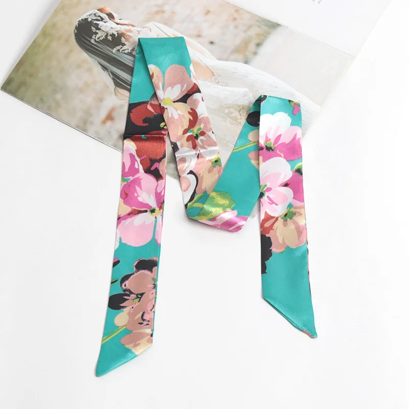16 Farben bedruckter Blumenschal für Damen – schmales, glattes Band als Stirnband, Halstuch, Taschenband, Haargummi, Gürtel und Accessoires – Detail 18