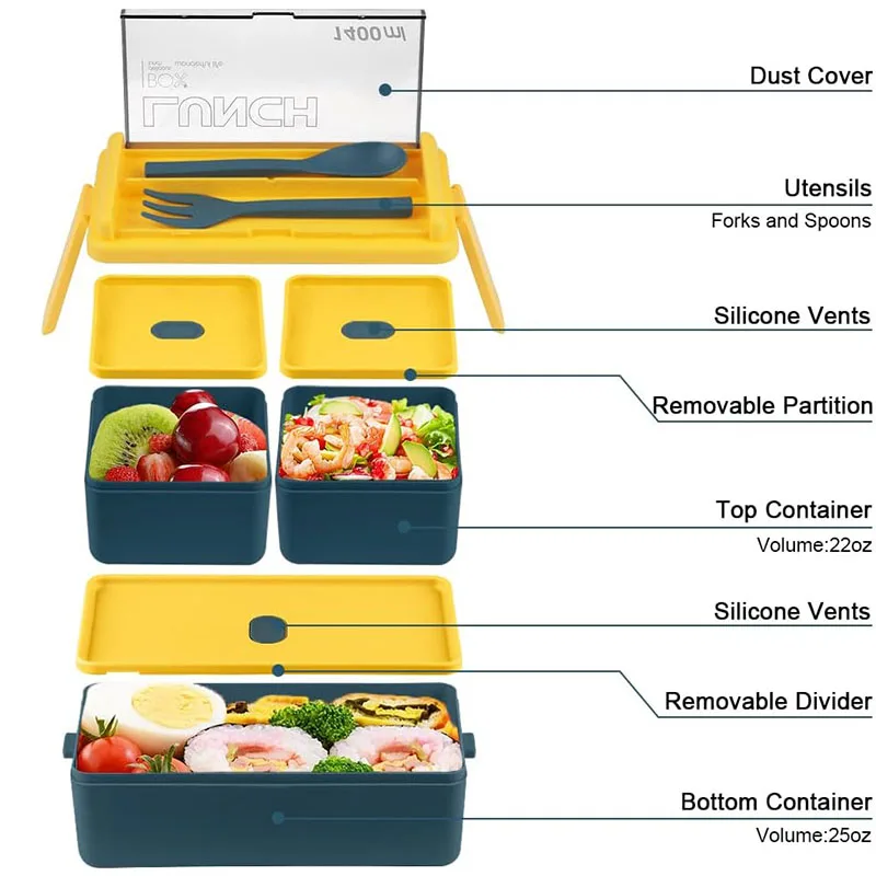 Bento Lunch Box Adult Lunch Box 49OZ Bento Lunch Box Containers With Removable Compartments 2 Layers Stackable Bento Lunch Box