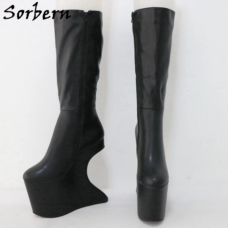 Sorbern รองเท้าบูทยาวถึงเข่าสีดำด้านสำหรับแดร็กควีนส์แพลตฟอร์มที่ไร้ส้นวงกลมขนาดใหญ่สี Eu33-48กำหนดเอง