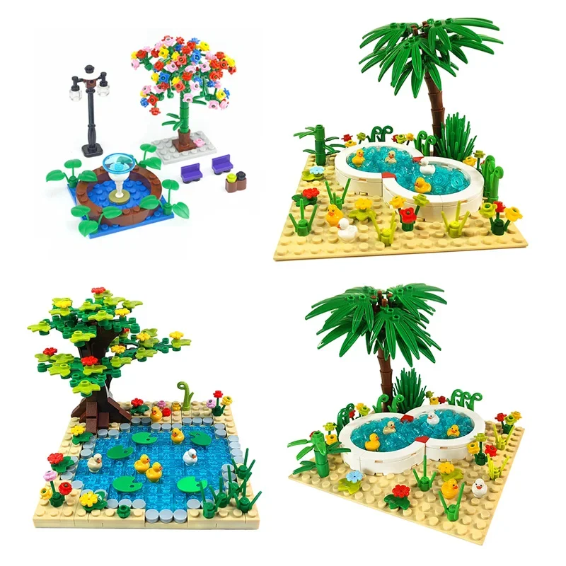 DIY Accessories MOC Bricks Park Pond Swimming pool Fountain cute Duck Plants Trees Flowers Grass Building Blocks  Toys