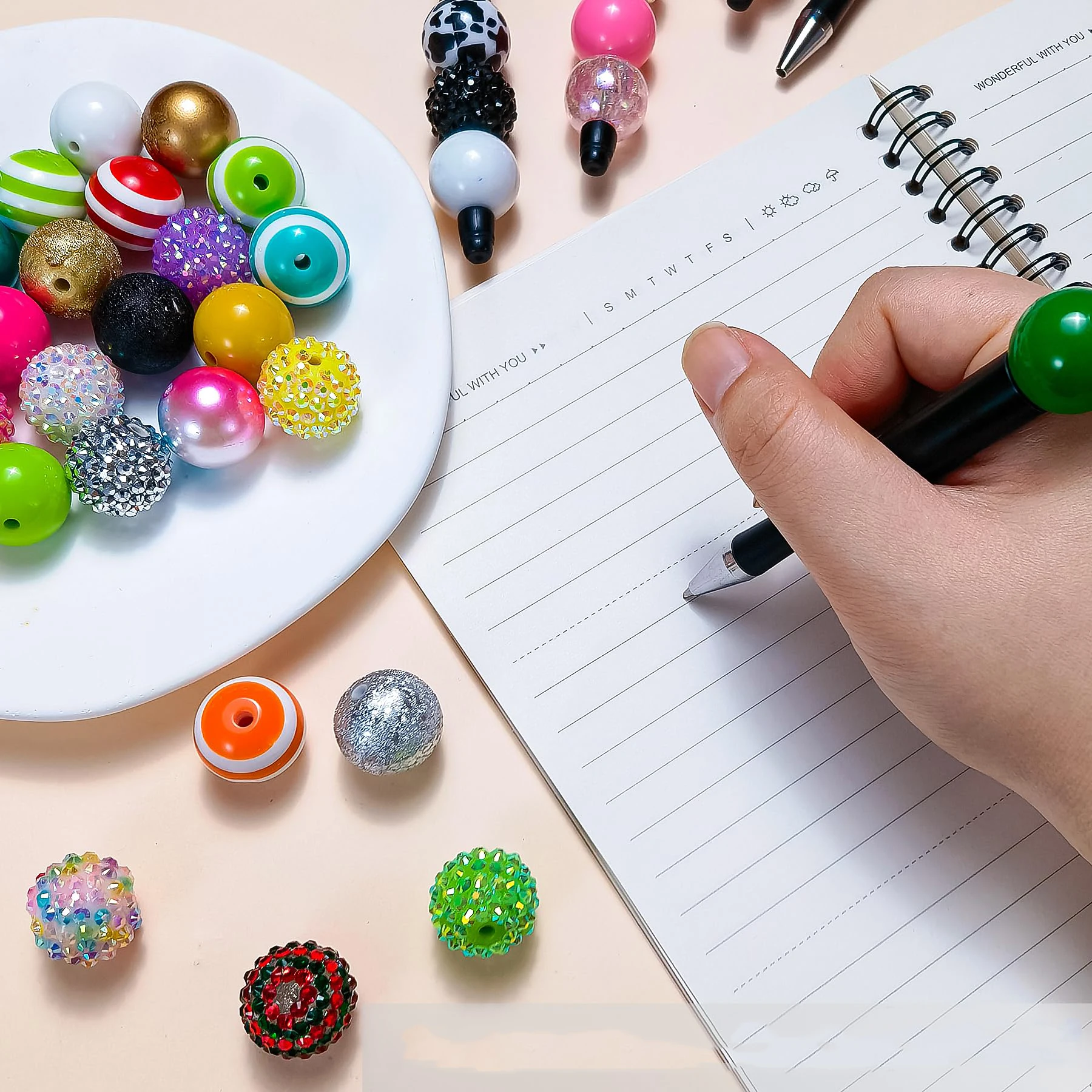 Stylo à bille en perles noires en plastique, 30 pièces, créatif, imprimable, cadeau de bricolage pour étudiant, fournitures de bureau