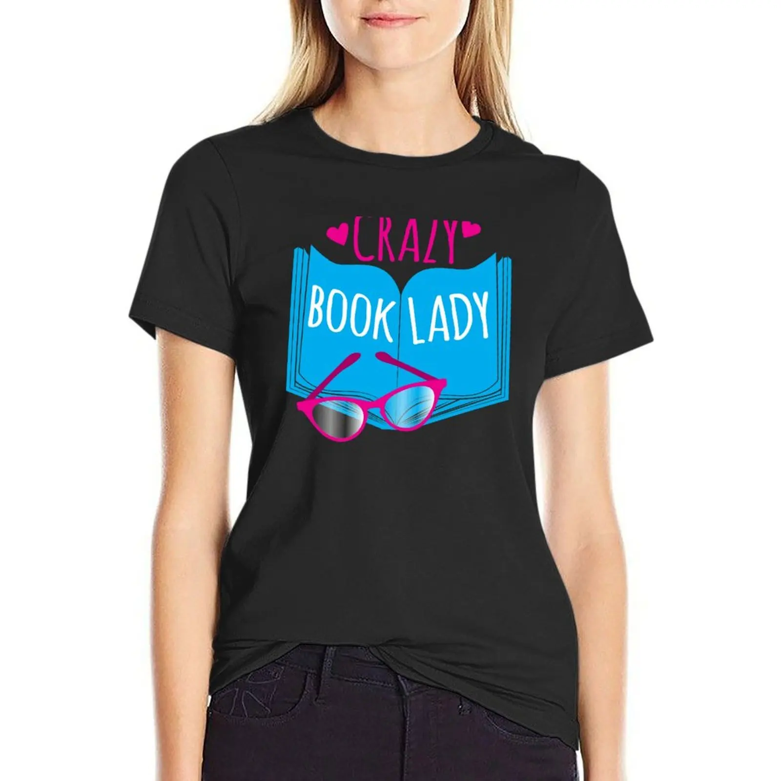 

Crazy Book Lady with a pair of glasses and a book in blue T-Shirt summer top funny T-shirt Women