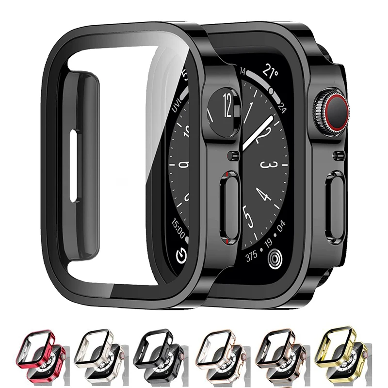 

Стекло + чехол для Apple Watch, чехол 45 мм, 41 мм, аксессуары, 44 мм, 40 мм, закаленная защитная пленка для экрана iWatch series 7 8 SE 6 5 4
