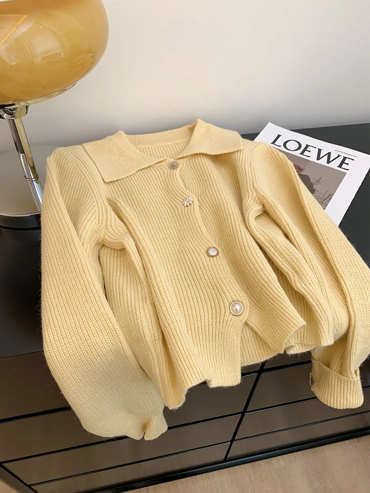 French Elegant Beige Knitted Cardigans Peter Pan Collar Chic Office Lady Pullover Single Breasted Lantern Sleeve Autumn Winter