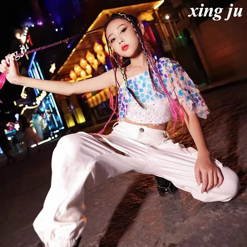 Kinder Hip Hop Aushöhlen Lose Hosen Jazz Dance Kostüm Mädchen Street Dance Pailletten Liebsten Sling Tops Kinder Bühne Zeigen Kleidung