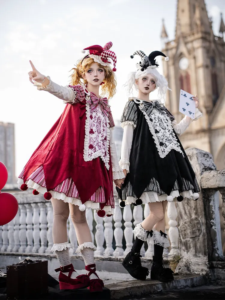 Nouvelle collection 2026 : Ensemble Robe Princesse Japonaise Lolita Rétro Gothique Mignonne avec Lettres et Poèmes · Masque de Poupée Clown OP Robe Ample Type Sac