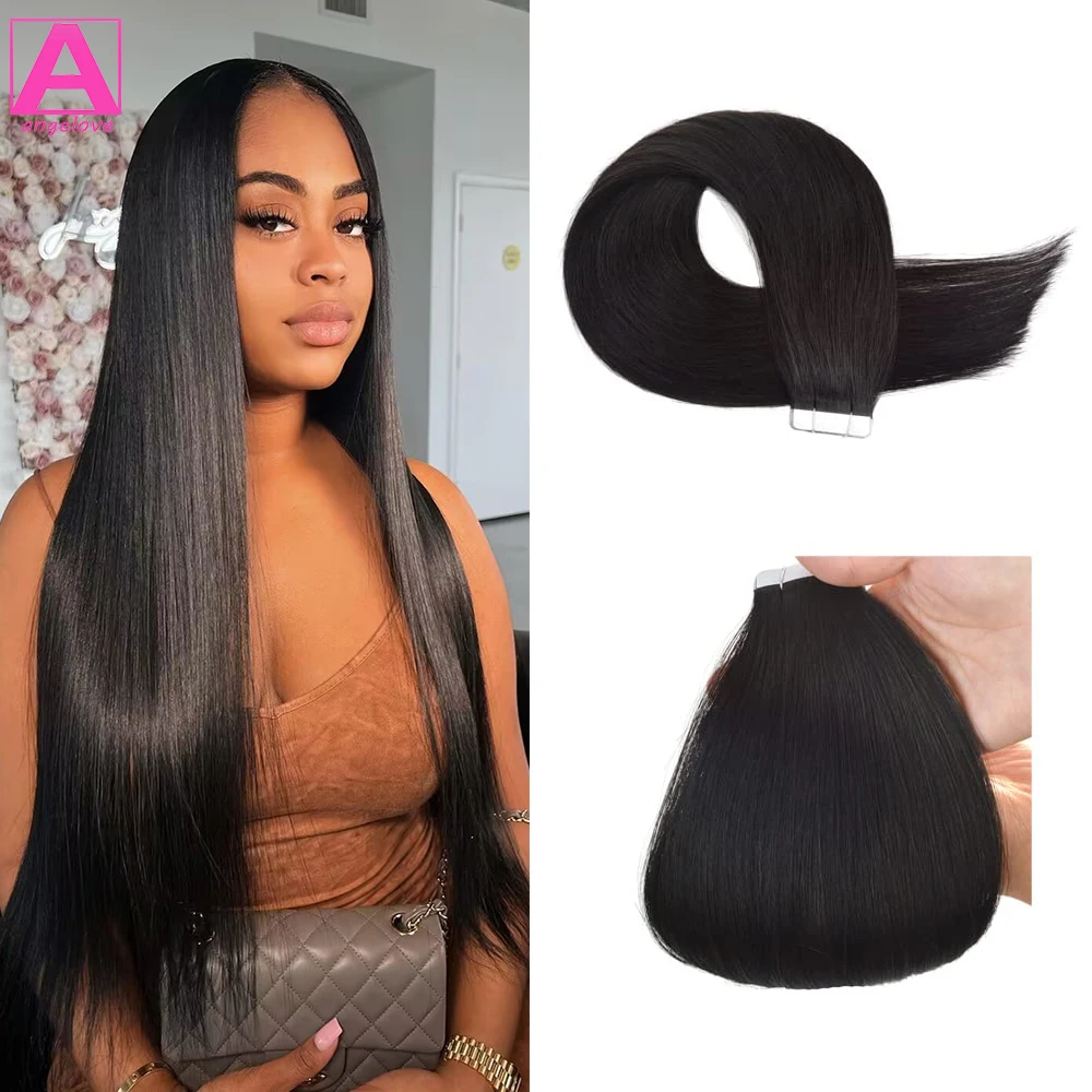 Hair Extensions Tape in Human 16 Inch Tape on Brazilian Hair Color #1 #2 #4 Remy Tape in Hair 20pcs Adhesive Tape ins Thick End