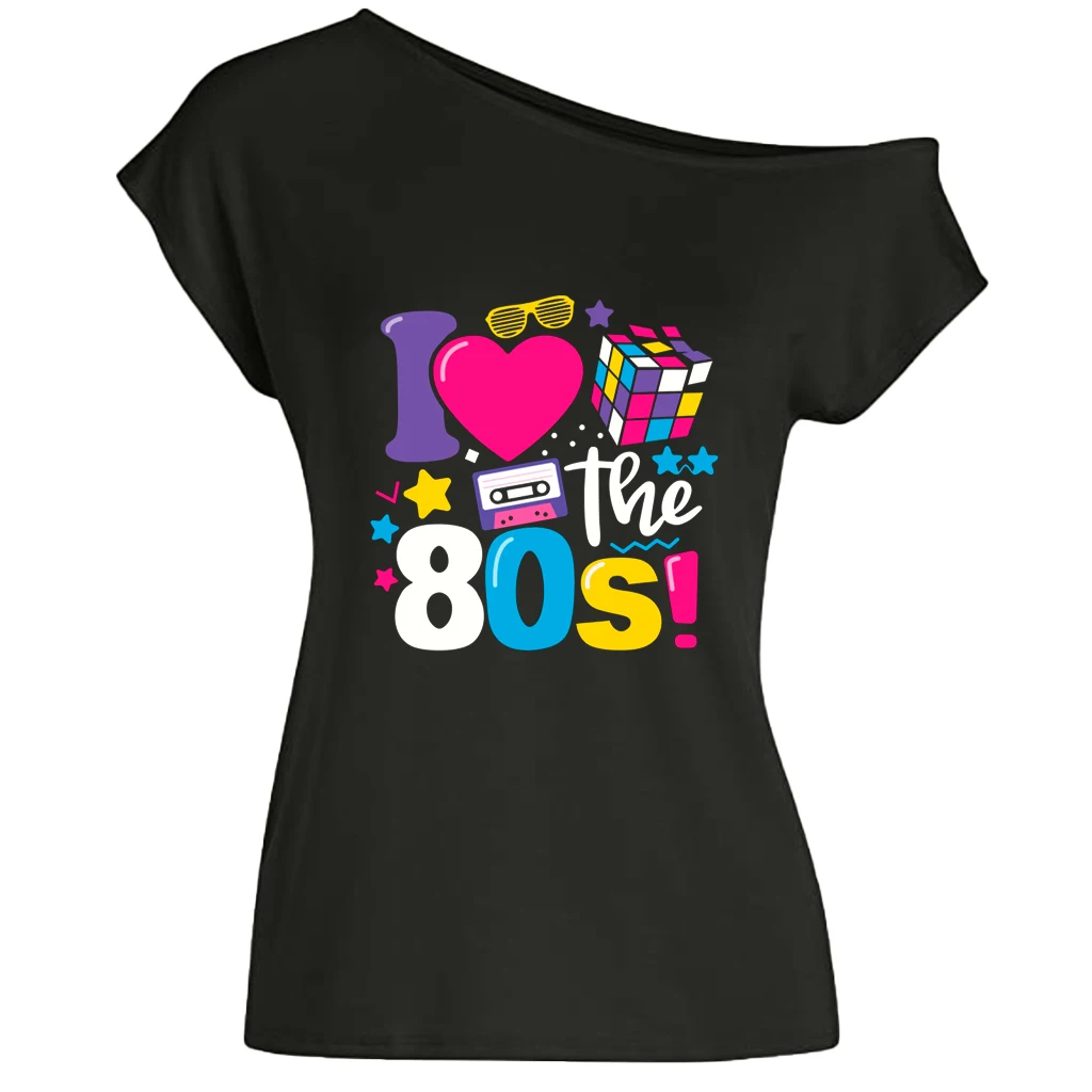 XUANSHOW 2024 Sommer I Love the 80s Emotional Element T-Shirt Sexy Off Shoulder Tops Kurzarm Buchstaben bedrucktes T-Shirt – Detail 29