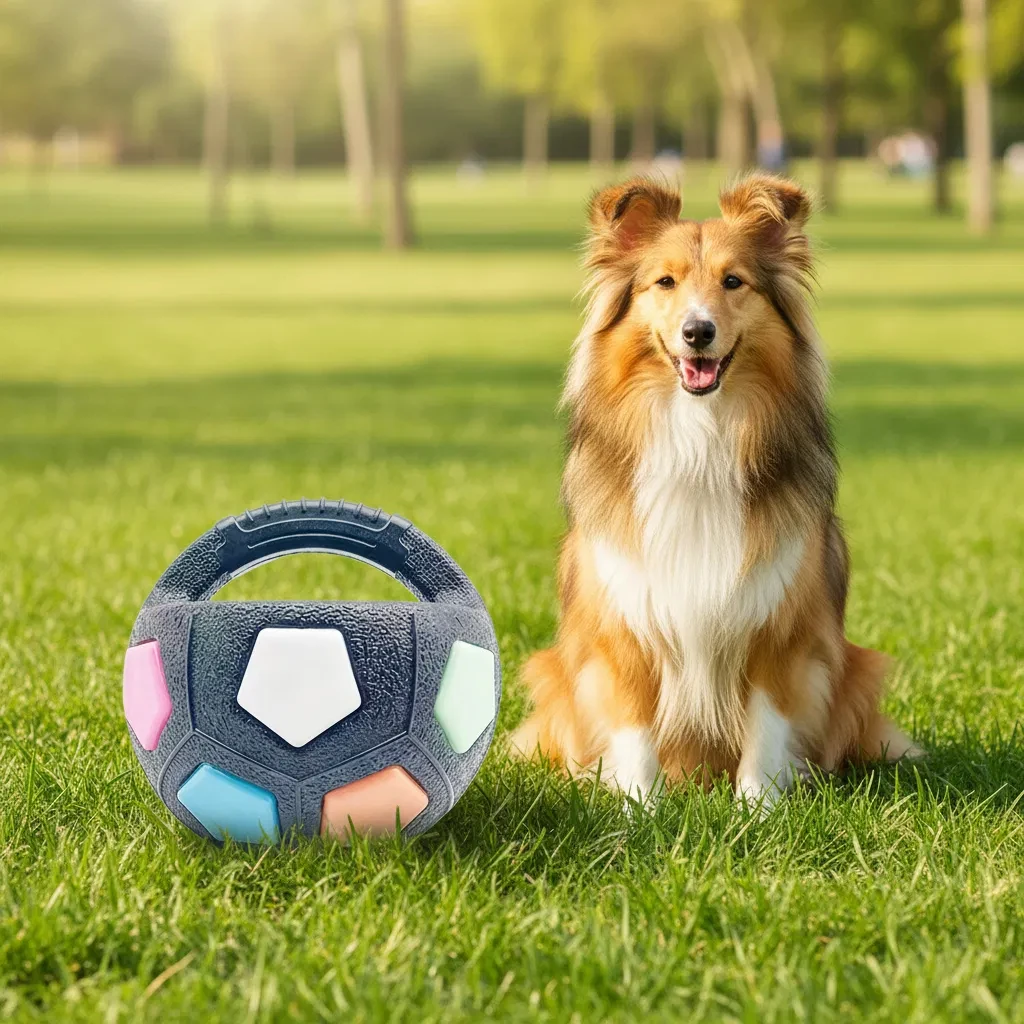 Fußball-Spielzeug für Haustiere mit Geräusch, Langlebiges TPR-Material, Hundespielzeug mit Tragegriff, Geeignet zum Werfen, Interaktives Haustierspielzeug – Detail 9