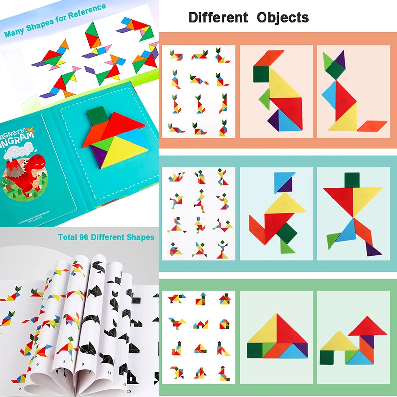 Magnetisches Tangram-Puzzlebuch, neues Wissenschafts- und Mathe-Holzpuzzle, pädagogisch für Kinder, das logisches Spiel lernen, geometrischer Formblock