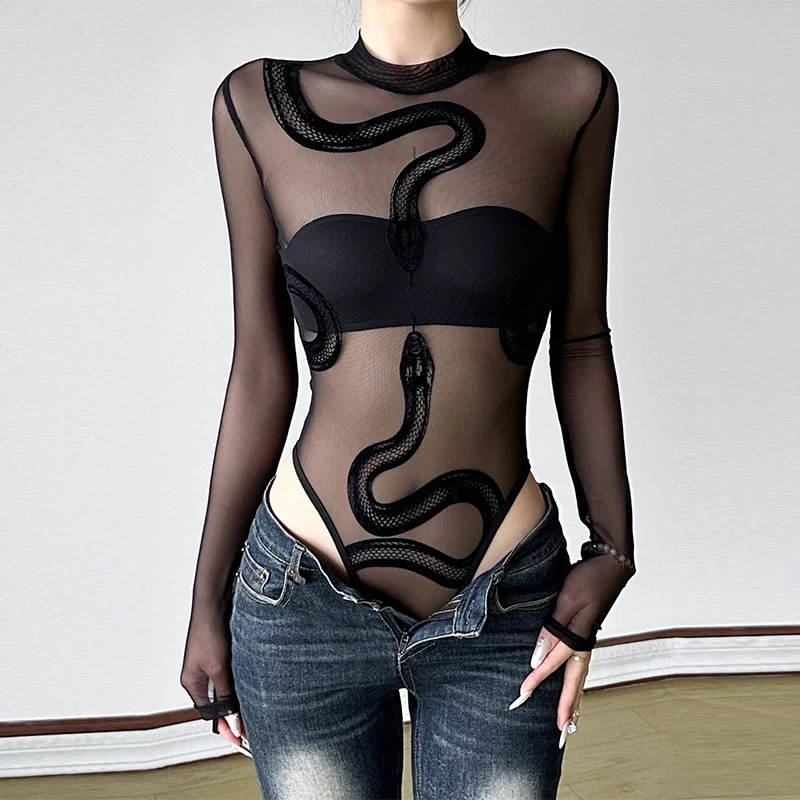 New spicy girl snake print perspective sexy splicing round neck mesh bodysuits for women