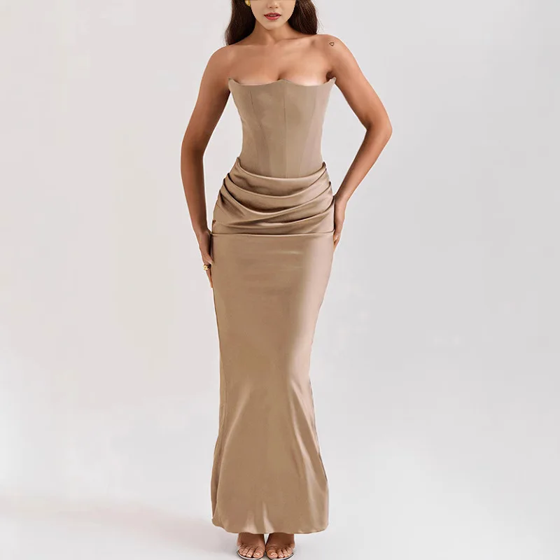 

Satin Sexy Strapless Women Maxi Dress Black Sleeveless High Waist Dress Female Summer Skinny Elegant Party Clubwear 2025 Vestido