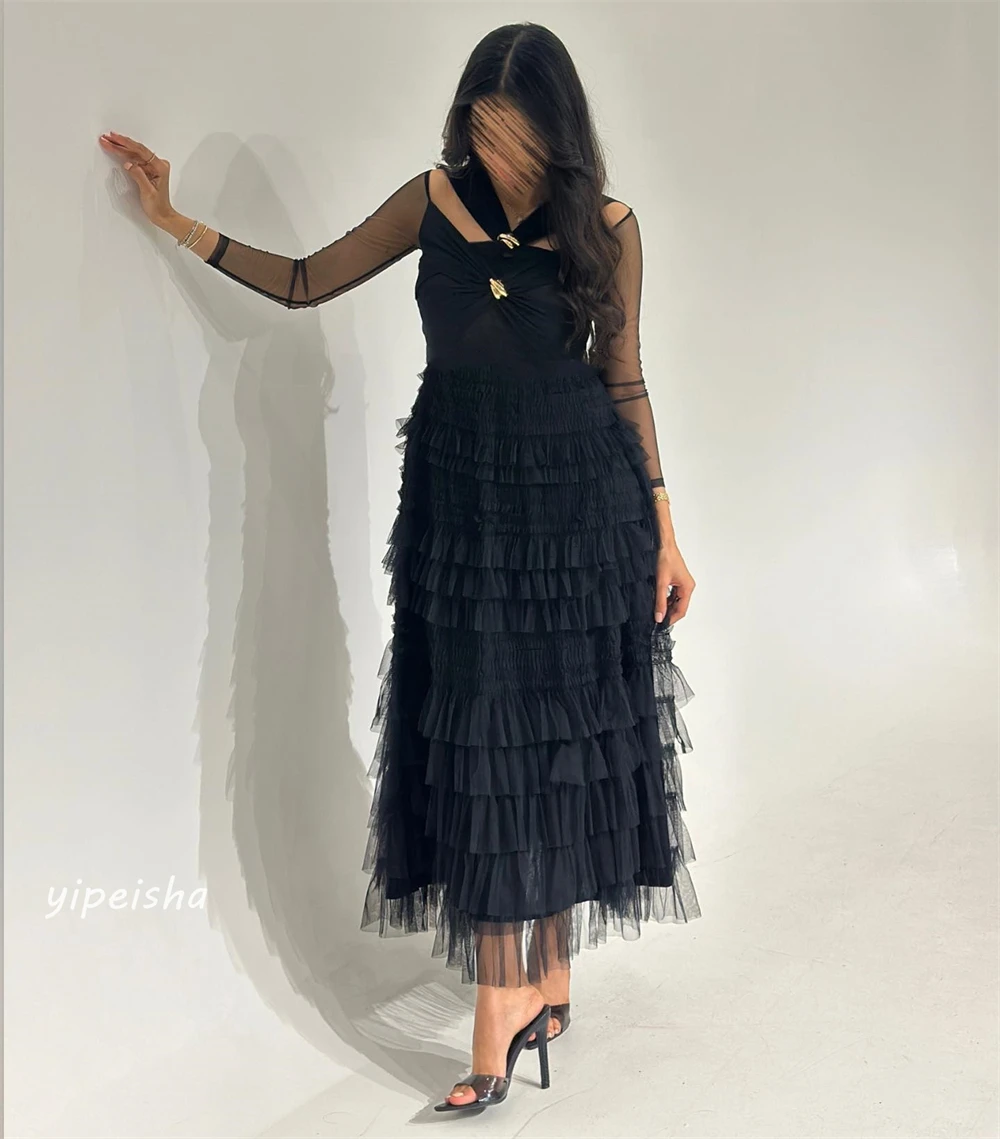 Tulle Draped Plissado Homecoming Vestidos Midi, V-Neck Vestido, camadas camadas, Ocasião Bespoke