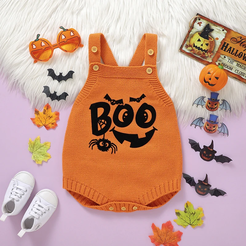 Halloween Newborn Baby Boy Girl Boo Pumpkin Outfits Sleveless Romper Overalls Infant Baby First Hallooween Outfit