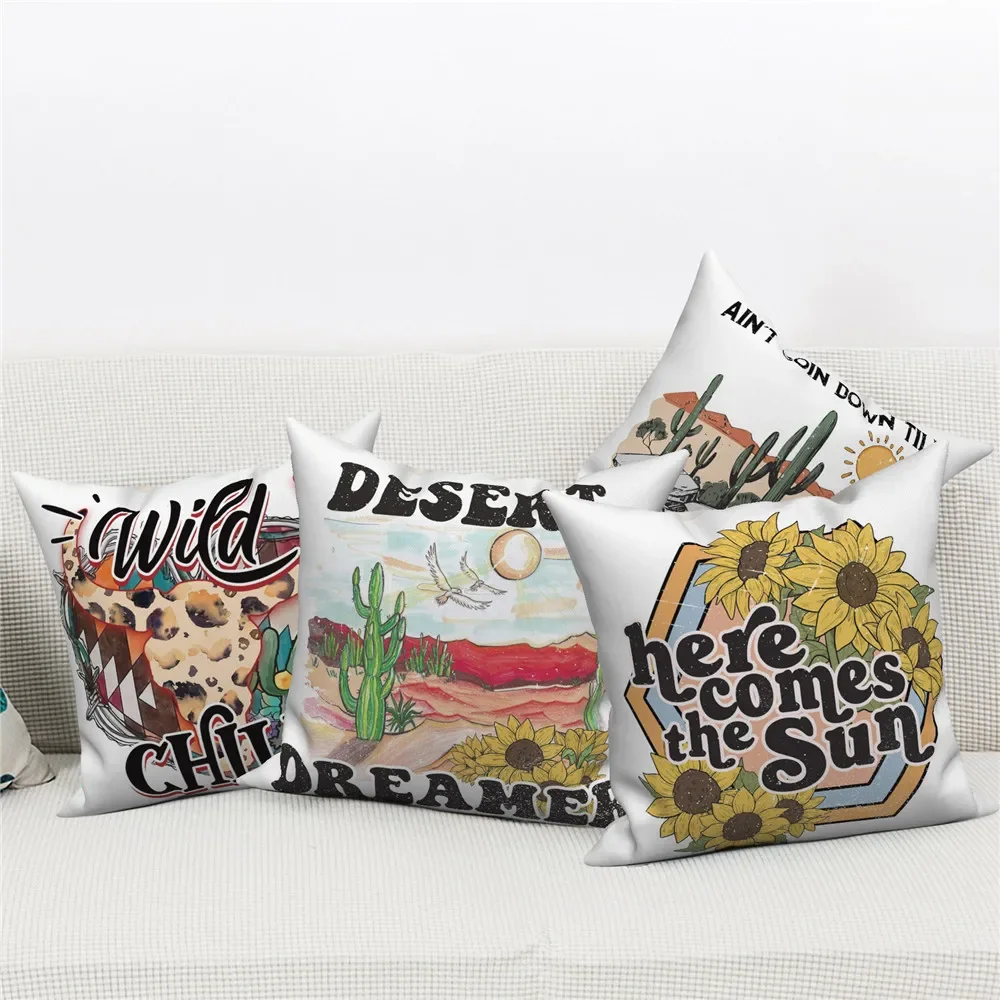 Customizable Sofa Cushion White Cushion Cover Home Decor Pillowcase Desert Cactus Flower Decorative Pillowcase