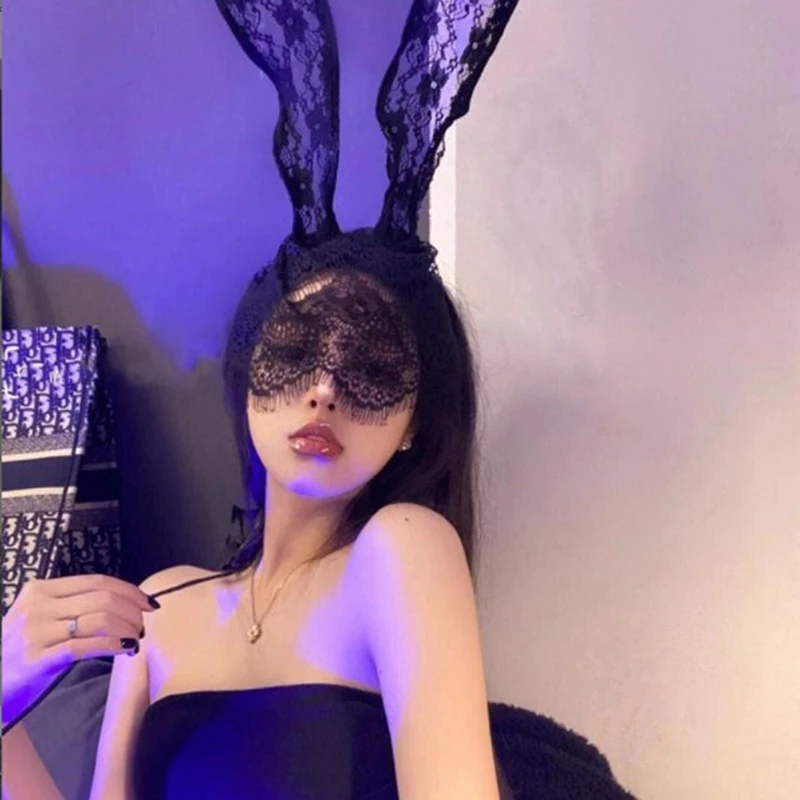 Máscara de renda preta para mulheres, máscara sexy, festa de Halloween, coelho, orelhas de coelho