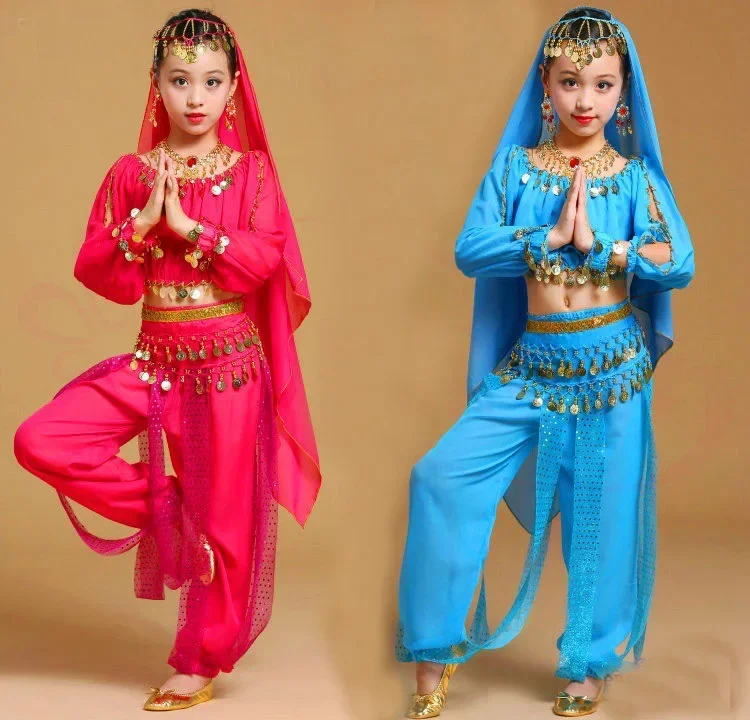 Trajes de dança do ventre infantil para meninas, conjunto de trajes de dança de palco indiano oriental, 4 peças (camisa superior + lenço de cabeça + corrente de cintura + calça)