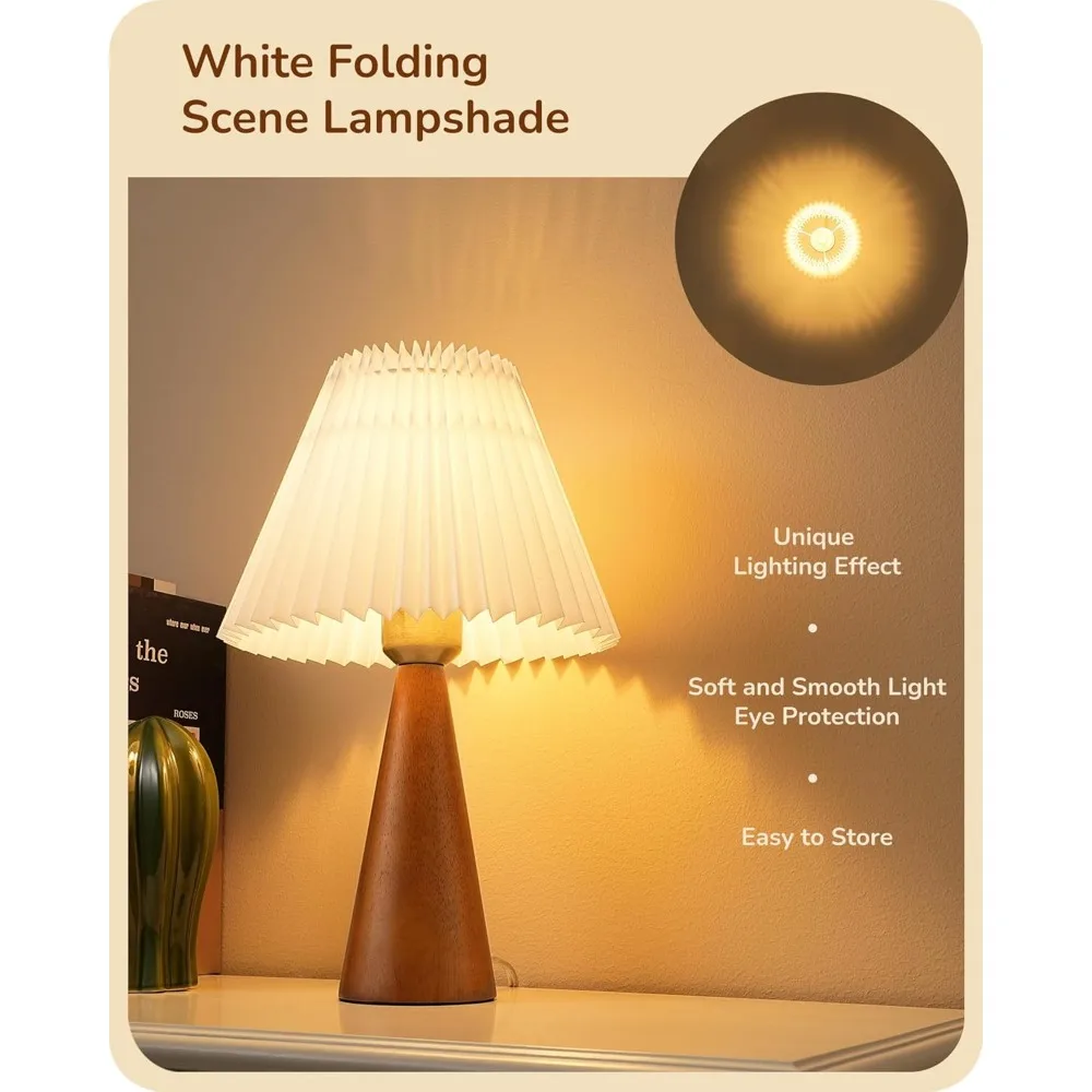 Маленькая настольная лампа Edishine 13,58 дюйма, прикроватная лампа с деревянным основанием, белый плиссированный абажур, компактная современная прикроватная лампа для дайвинга