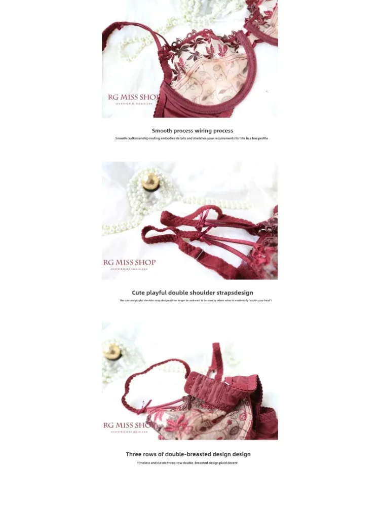 BANERDANNI طقم حمالة صدر ولباس داخلي شبكي من الدانتيل باللون الأحمر المثير والشفاف على طراز فيكتوريا كوب رفيع مع تصميم خلفي جميل