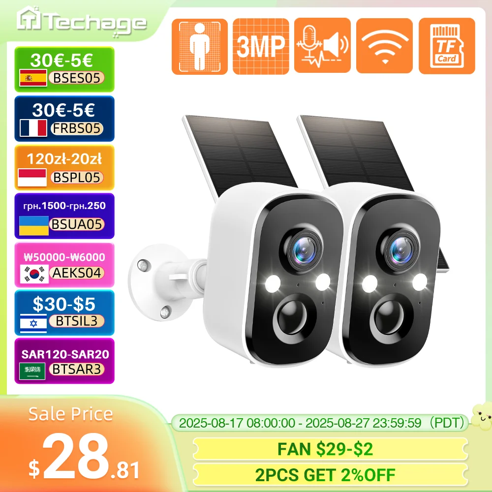 Techage 3MP Batteria solare wireless Telecamera IP Sicurezza esterna WiFi Telecamera PIR Audio bidirezionale Rilevamento umano Supporto Alex