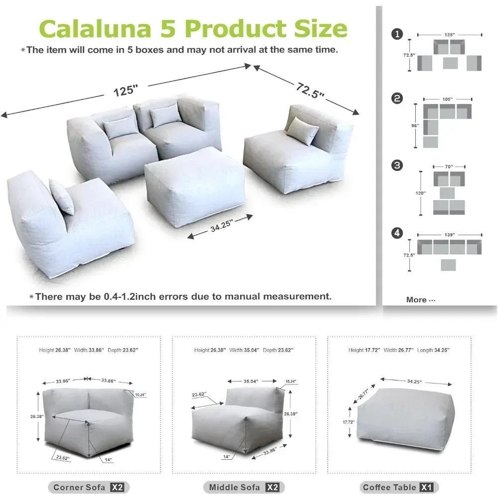 Beanbag Chair, 5Pc Outdoor Chair Segment Conversation Kit, High-density Foam Filled Sofa (light Gray), Outdoor Beanbag Sofa