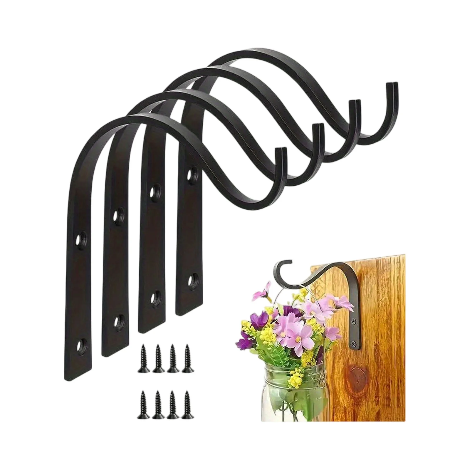 Picture 3: 4Pcs J-Shape Wall Hook Metal Flower Pot Hanging Iron Hook Fixing Outdoor for Garden Wall Basket Plant Rack Bracket Decoration