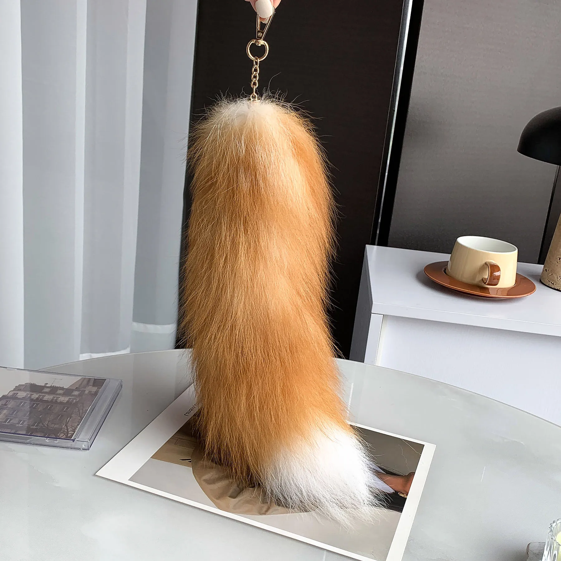 40cm Large Fox Tail Keychain Wolf Tail Fur Tassel Bag Charm Tag Black And Brown Pom Pom Charm Keyring Fluffy Real Fur Key Chain